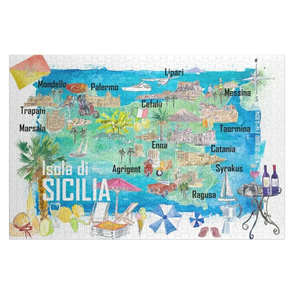 

Sicily Italy Illustrated Travel Map with Roads and Tourist Highlights Jigsaw Puzzle Iq For Children Puzzle