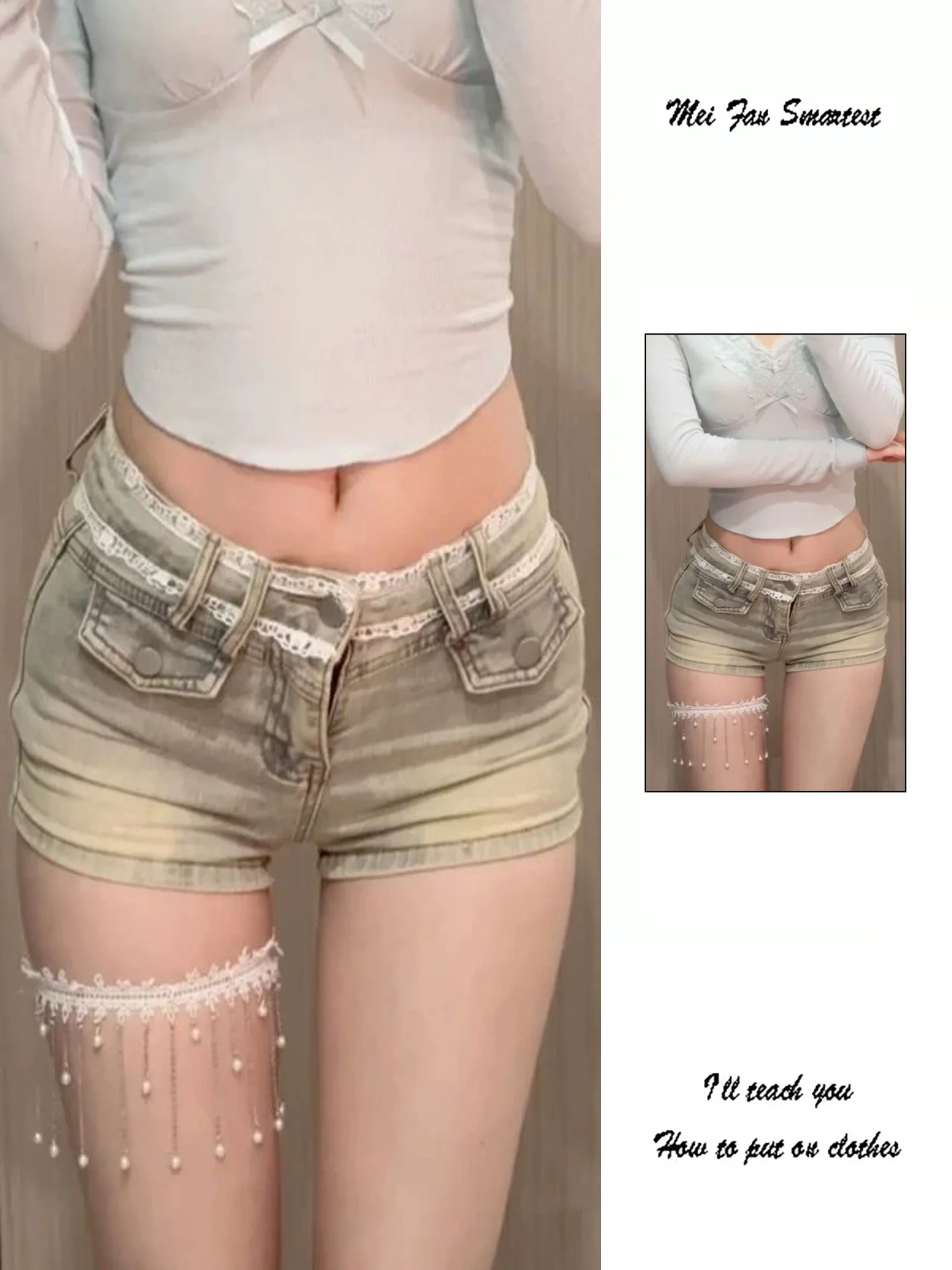 

Low-Waist Lace Patchwork Sexy Short Jeans Women's Summer New Style Trendy Tight-Fit Butt-Lifting Denim Shorts Female Jeans