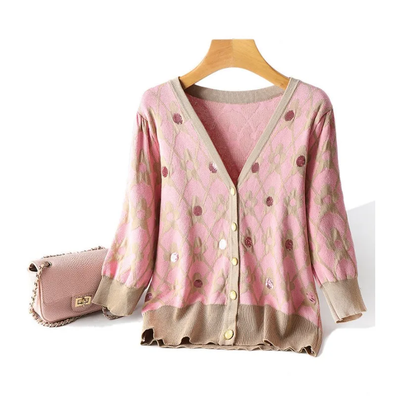 

Summer Office Lady Thin Knitted V-neck T-shirt Chic Y2k Vintage Elegant Short Sleeve Tops Comfortable Breathable Cardigan