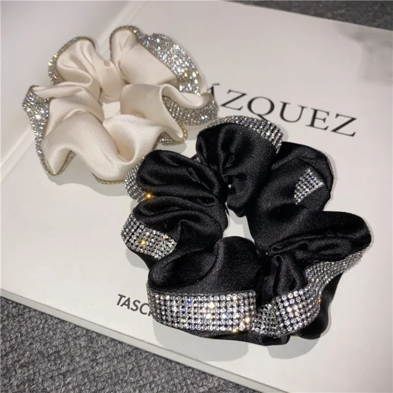 Trendy Diamond Chain Satin Scrunchy Elastic Hair Band for Women Boutique Korea Full Rhinestone Shining Silk Rubber Band Headband