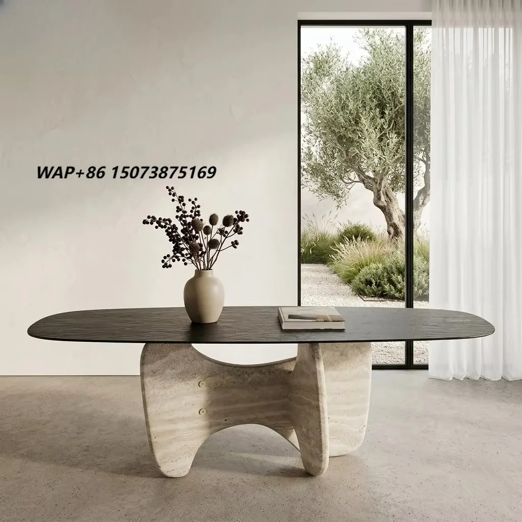 Wholesale Luxury Dining Table Modern Water Ripple Glass Top Oval Table Stone Travertine Base for Villa Hotel