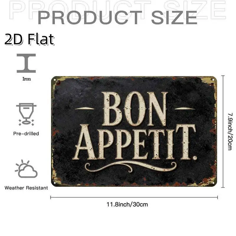 2D Flat, 2D-Flat,1pc,Vintage Bon Appetit Metal Sign,Creative Tin Sign Garage Decoration, Bold Lettering, Highquality Print, H