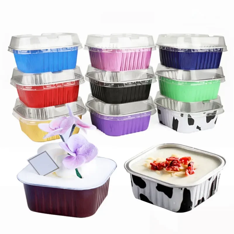 10/50pcs 300ml Aluminum Foil Cake Baking Cup Square Shape Mousse Dessert Cupcake Liners Cups with Lids Pastry Muffin Molds