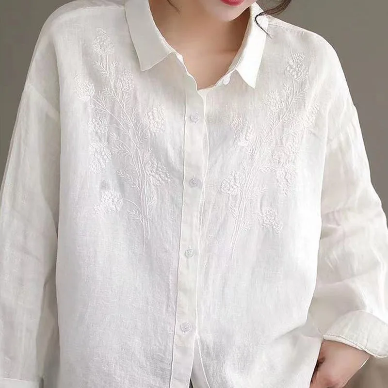 Vintage Fashion Embroidery Spliced Long Sleeve Shirt Women\'s Clothing Casual All-match Loose Solid Color Single-breasted Blouse