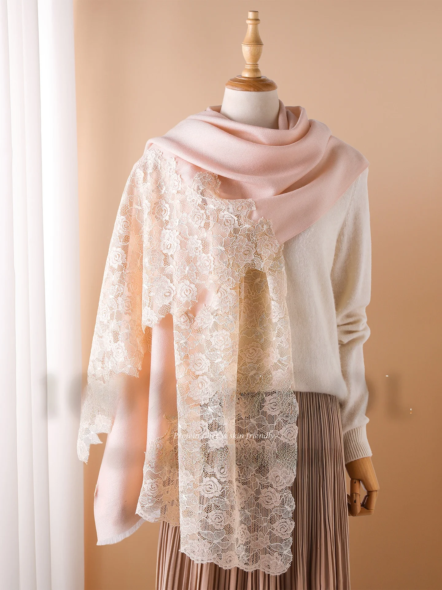 Echarpe-en-pure-laine-rose-pour-femme-style-coreen-fine-en-dentelle-sensation-de-luxe-haut-de-gamme-automne-hiver