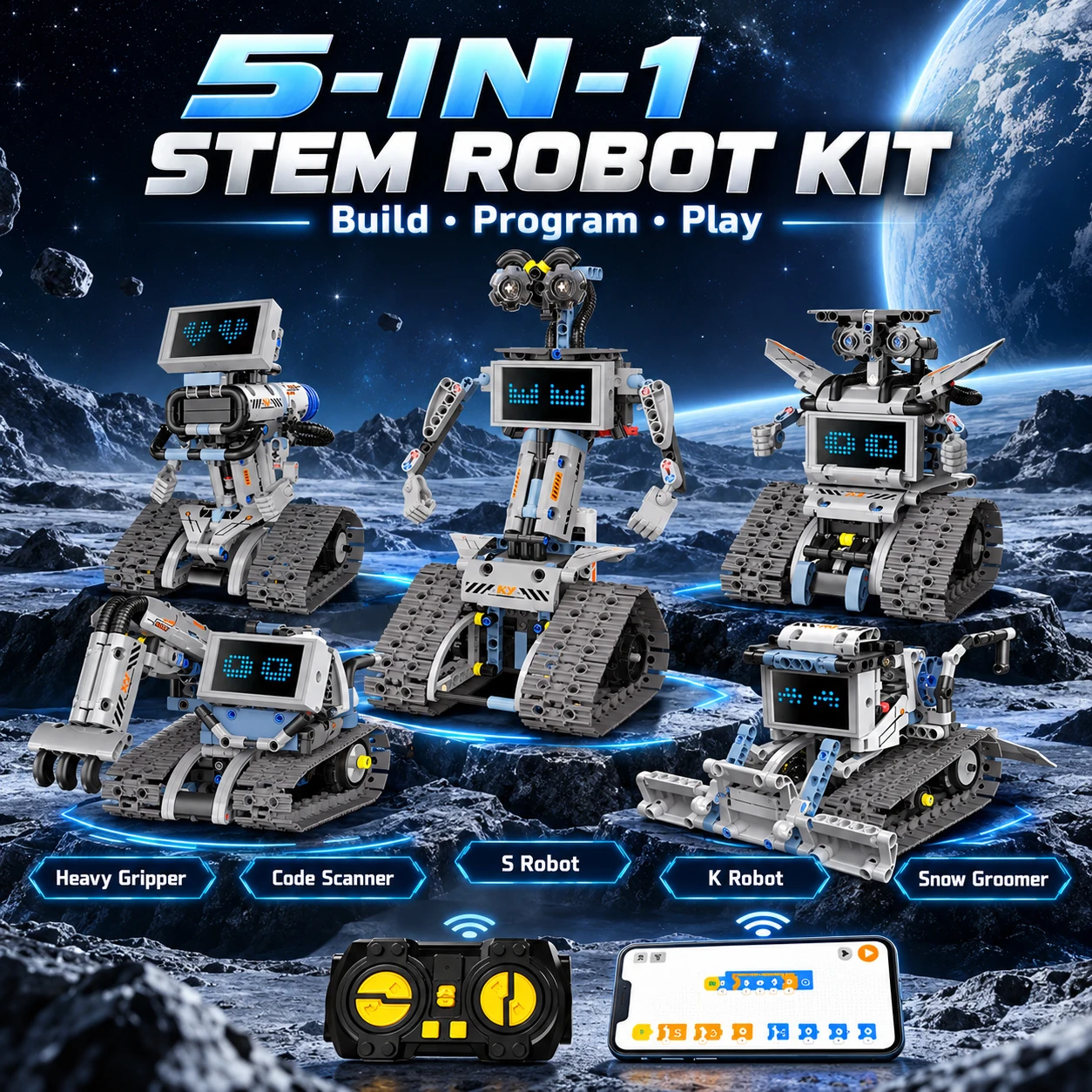 5IN1 STEM Coding Robot Building Blocks, DIY RC Robot Toy with LED Screen, Educational Bricks for Kids 6+