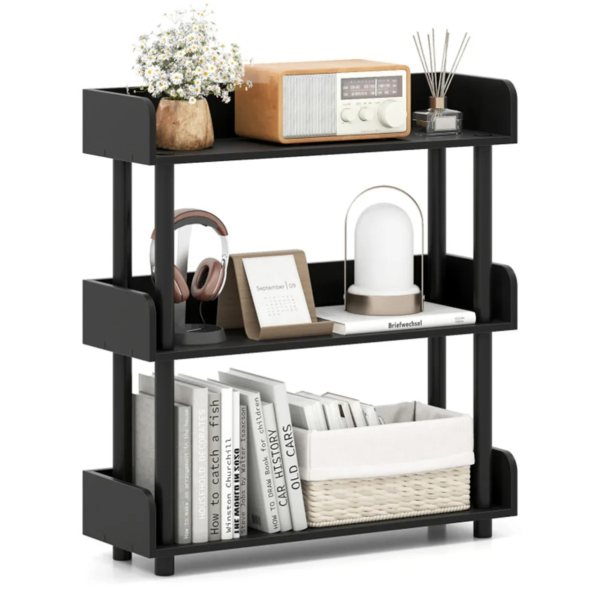 3-Tier Industrial Bookshelf with Anti-Falling Guardrails, 33 LBS Per Shelf Storage Organizer - Black