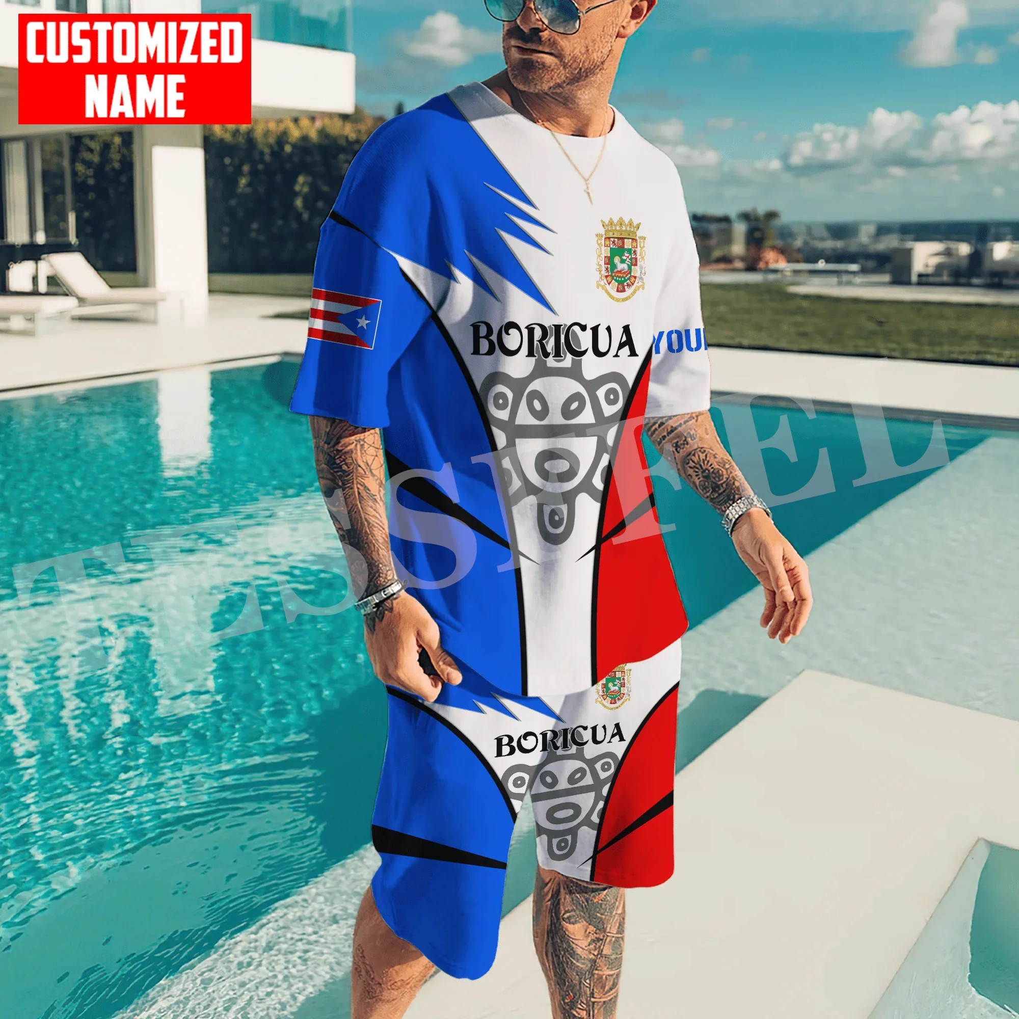 

Custom Name Puerto Rico Boricua Country Tattoo Vintage 3DPrint Casual Shirts Pants Combo Suits Summer Short Sleeves Streetwear J