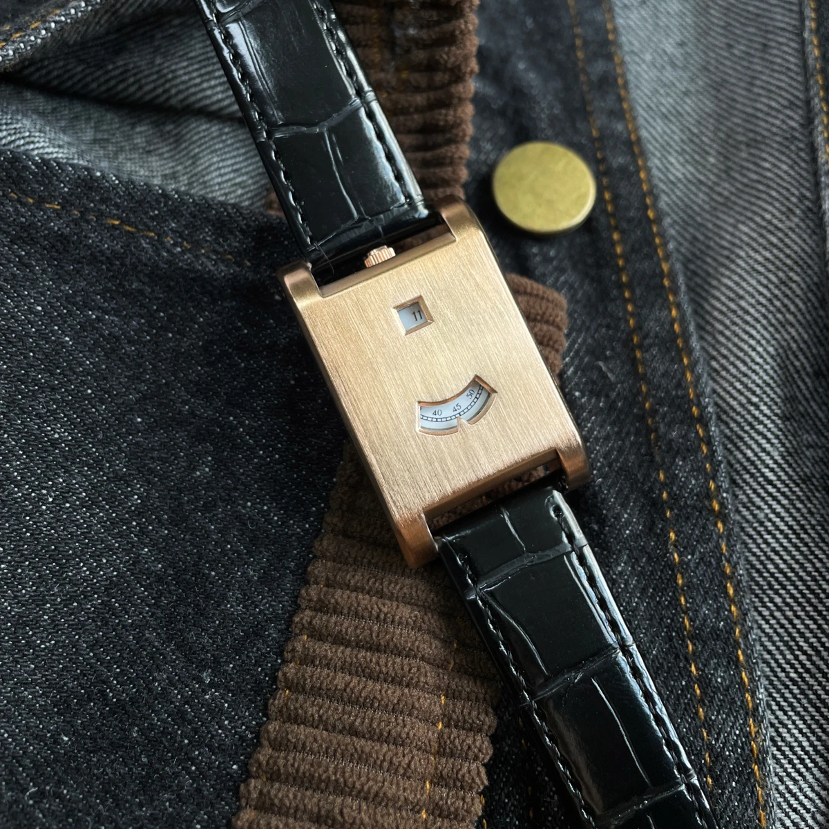 CILOA Men Rectangle Vintage Quartz Watch Date & Curved Sub-dial Rose-golden Case Black Crocodile Texture PU Leather Strap Elegant Casual Wrist Watch-522