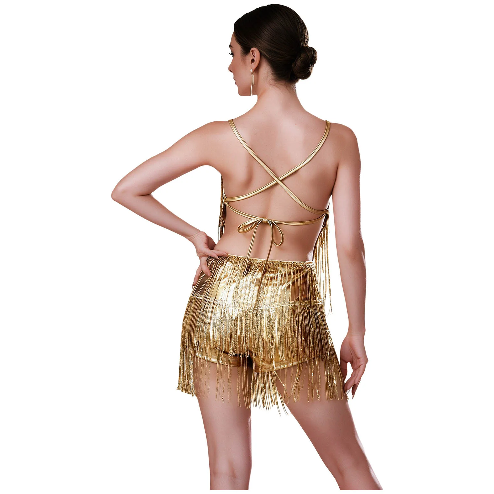 Women Sequin Fringe Latin Dance Jumpsuit 1920s Flapper Dress Lace-up Backless Tassel Metallic Bodysuit performance costume