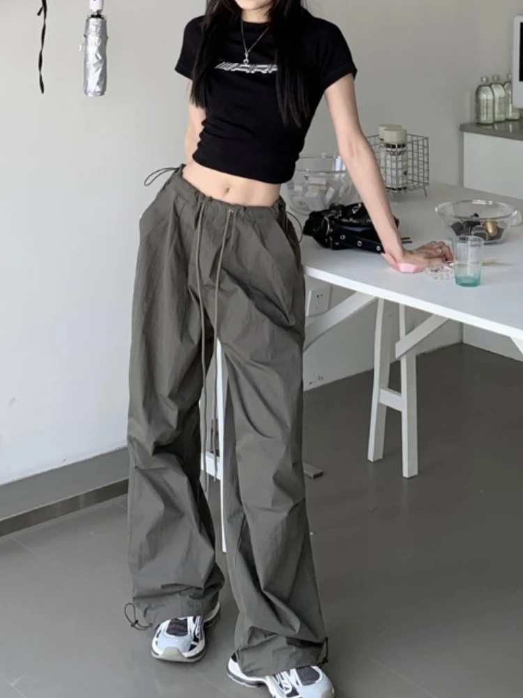 

American Street Loose Casual Overalls Women Summer High Waist Slimming Wide Leg Female Fashion Solid Drawstring Mopping Pants