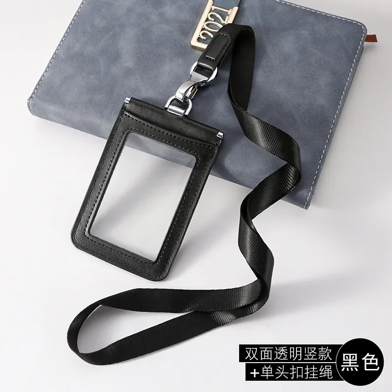 New Cow Leather ID Card Set Badge Holder Case Double-sided Work Transparent License Piece Set Lanyard Nameplate Protective Cover
