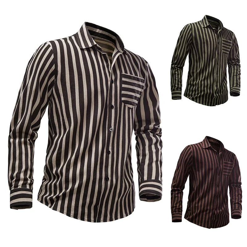 2024 Retro Medieval Striped Shirt for Men's Casual Long Sleeved Pocket Designer Business Fashion Versatile Men's Top