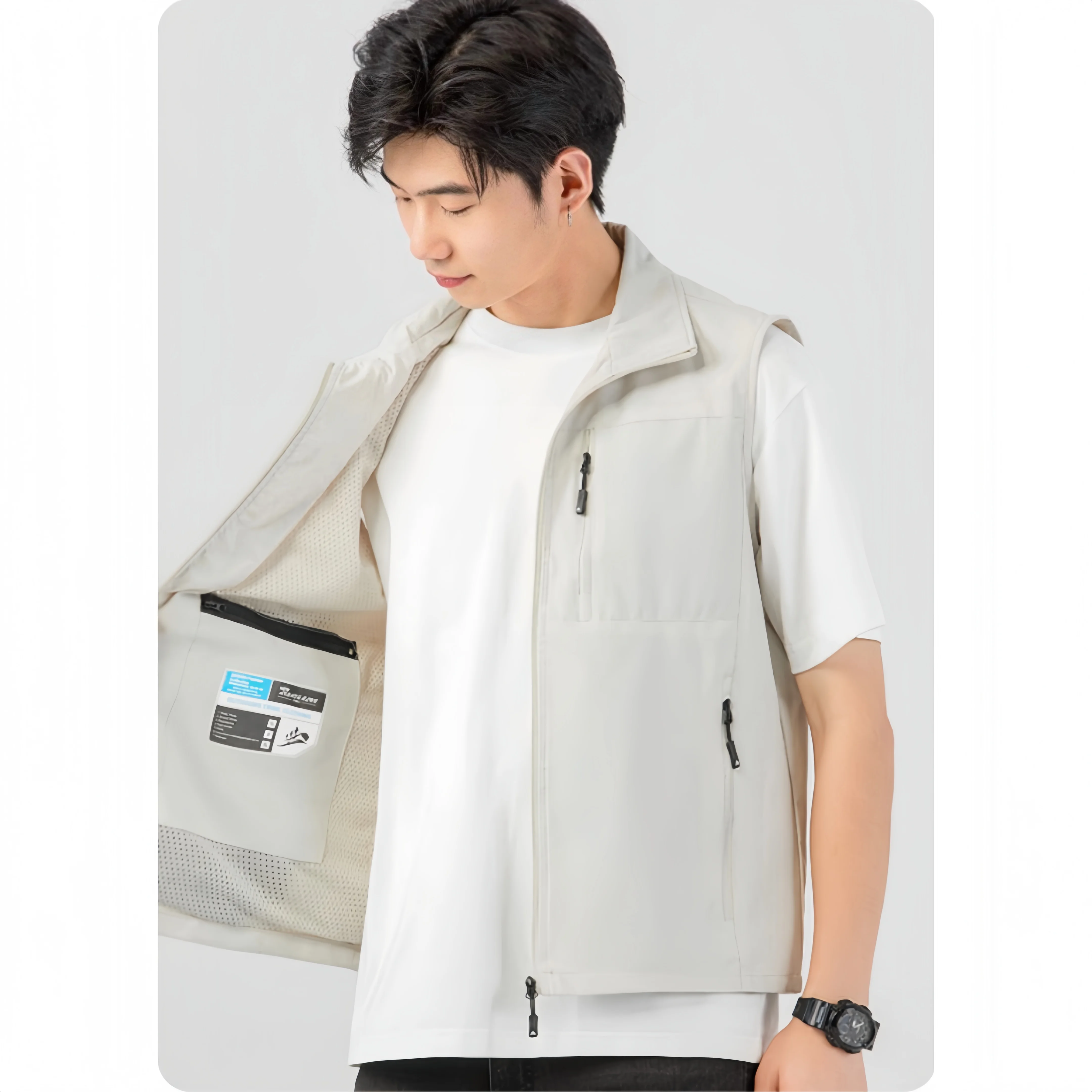 Men's Autumn Fleece Hiking Vest Double-Sided Wear Outdoor Multi-Pocket Industrial Sleeveless Workwear Fishing Jacket