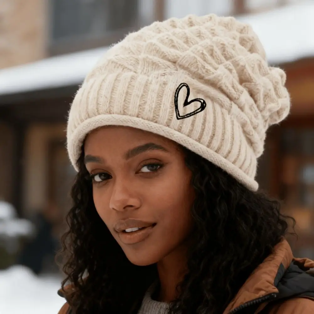 Embroidered Heart Slouchy Knit Beanie Foldover Cuff Soft Stretchy Cuffed Winter Hat Cable Knit Texture Solid Knitted Skull Cap