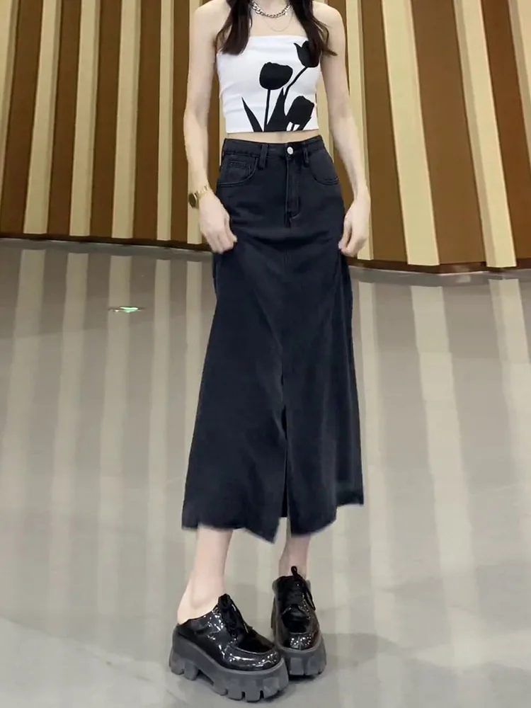 High Waist A-Line  Skirt Women's Thin Denim Silk Spring Large Size Fat Sister Waist Slimming Wrap Body Skirt