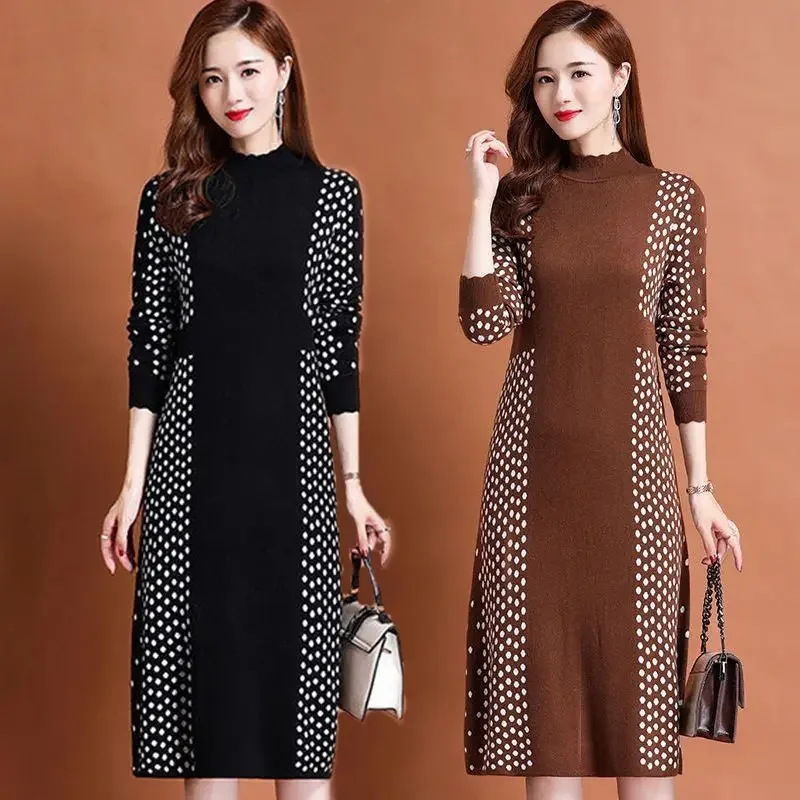 

QNPQYX Women Elegant Knitting Dress For Autumn Winter New Fashion Patchwork Dot Print Half High Collar Warm Slim Mother Dresses