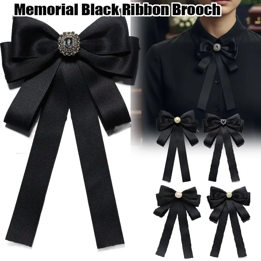 

Back Pin Memorial Black Ribbon Brooch DIY Badge Accessories Rhinestones Bowknot Brooches Black Queen Mother Ribbon Bow Badge Pin