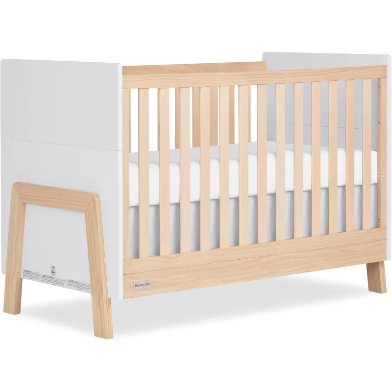 Fisher Price Iris 4-in-1 Convertible Crib in Vintage White Oak, JPMA & Greenguard Gold Certified, Crafted from New Zealand Pine