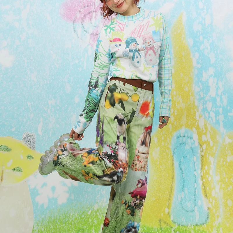 2025 Spring And Summer Women's Trousers Japanese Original Y2K Green Cartoon Cute Printed Elastic Wide-leg Casual Long Pants Girl