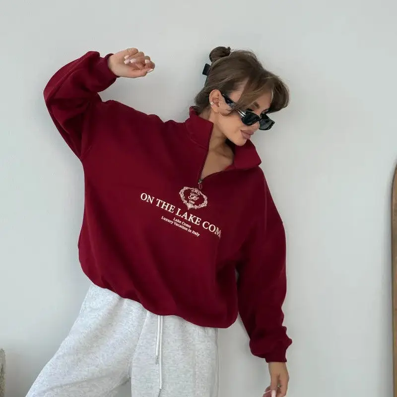 Trendy Wine Red Sweater Zip Turn-down Collar Sweatshirt Retro Letter Printed Oversize Pullover Autumn Large Size Leisure Women