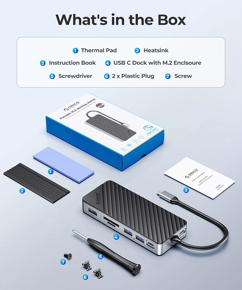 ORICO M.2 NVMe SATA SSD Enclosure 8-in-1 USB C Docking Station Splitter PD100W HDMI 4K60HZ 10Gbps M2 NVME NGFF External Case