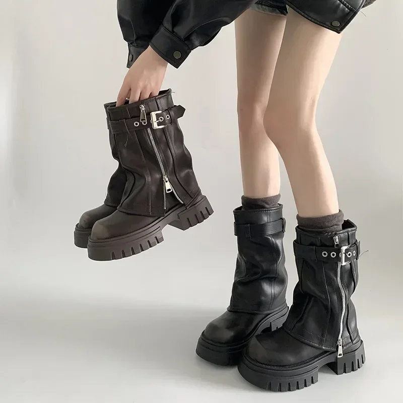 Winter Women Biker Boots Fashion Belt Buckle Ladies Elegant Platform Long Pipe Booties Casual Women's Knee High Booties2024