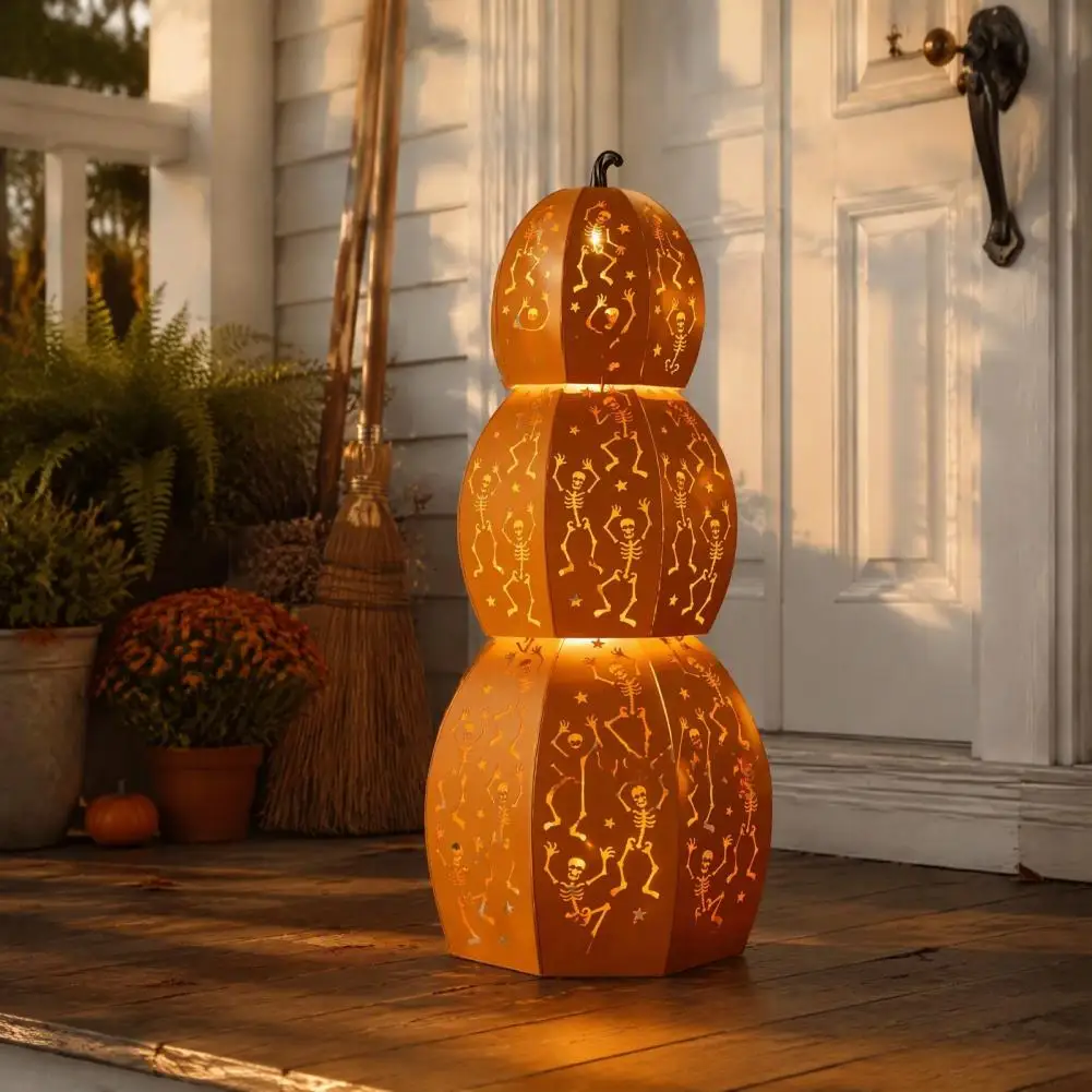 Lighted Stacked Metal Pumpkin Lantern 3-Tier Pumpkin Warm Glowing LED Light Ornament for Halloween Mantel Garden Party