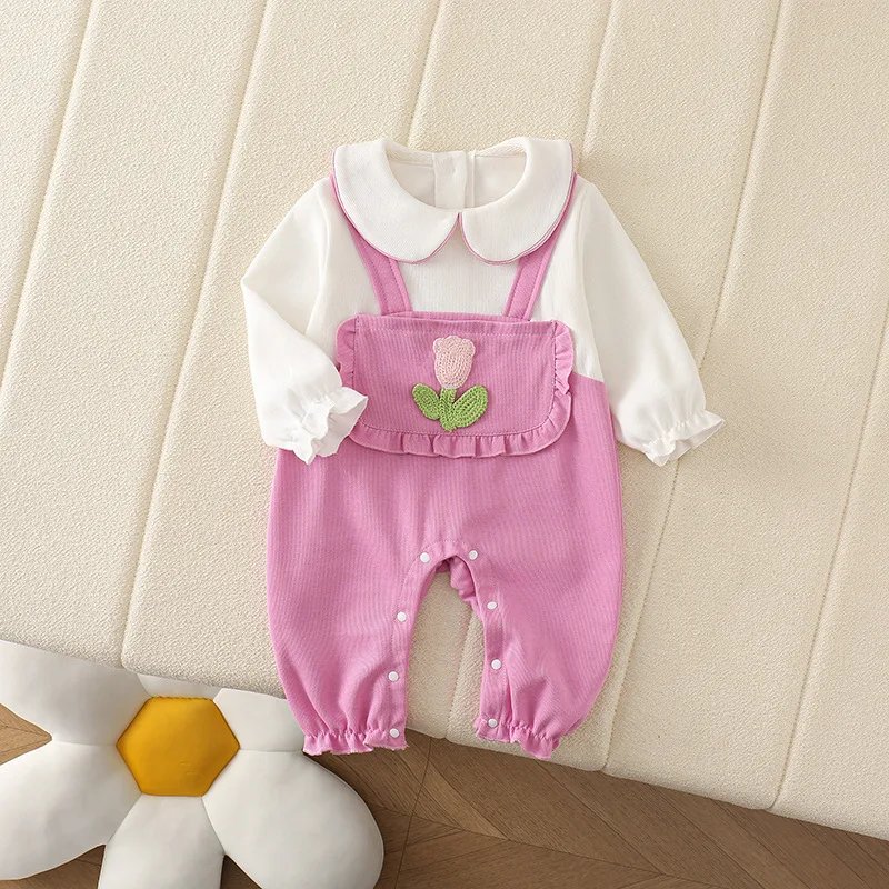 MILANCEL New Autumn Baby Girls Clothes 0-2 Y Tulip False 2pcs Patchwork Rompers Toddler Peter Pan Collar Jumpsuit