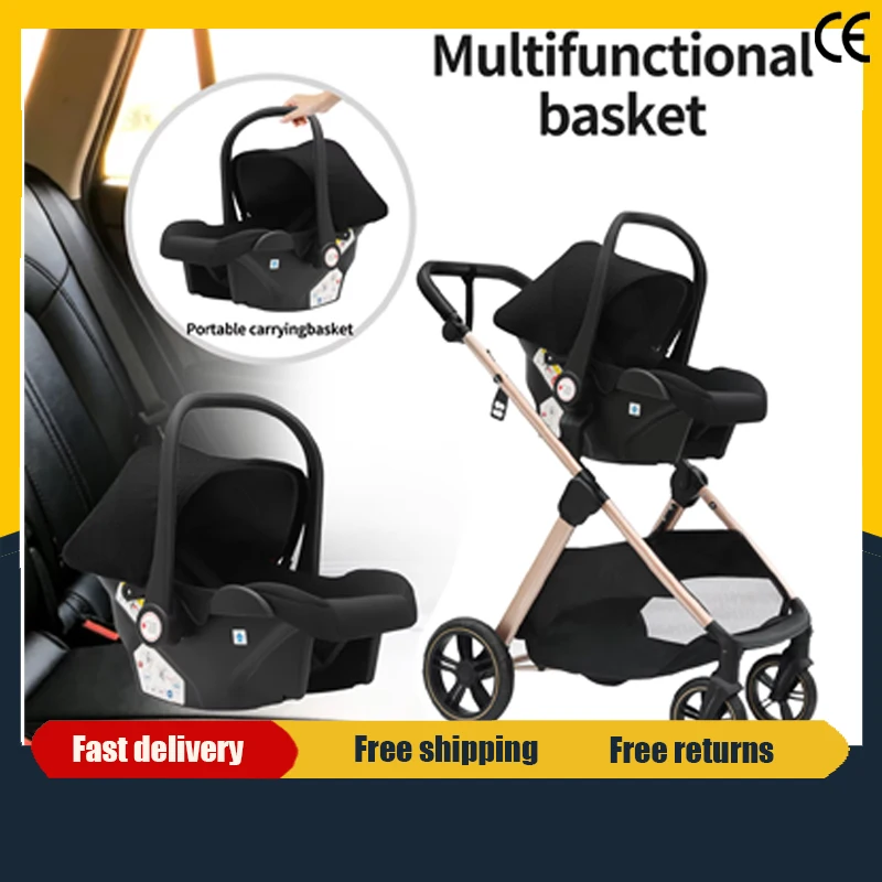 Système de poussette compact 3-en-1 pour nouveau-nés, poussette à quatre roues avec siège auto, idéale pour les voyages en avion et les longs trajets.