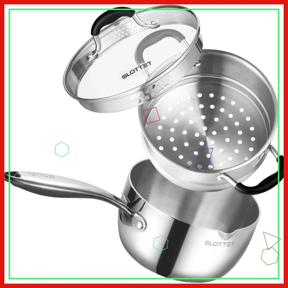 

Кастрюля из нержавеющей стали 2,5 карата с пароваркой, стеклянной крышкой и носиком — универсальная кастрюля для здорового питания