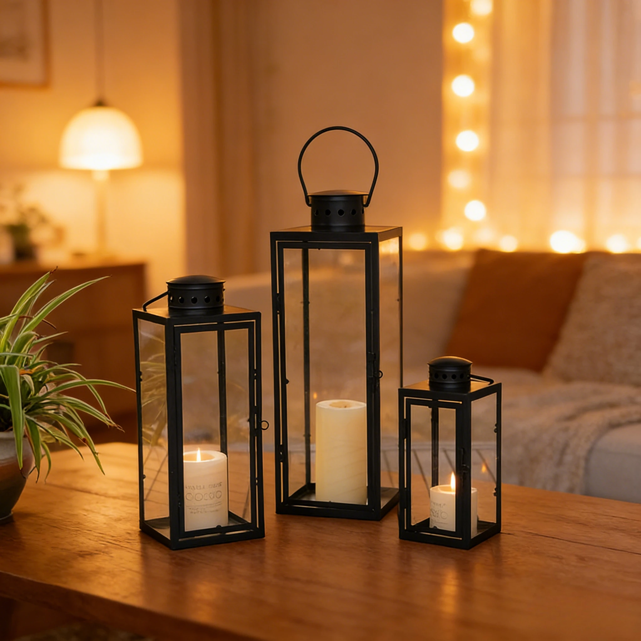 Black Metal Lantern Set Vintage Glass Candle Lantern Outdoor Indoor Decorative Candle Holder for Wedding Garden Home Decor