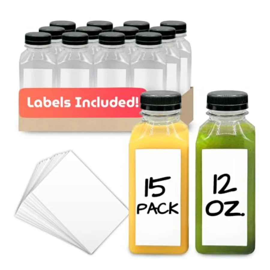 

12oz Platic Juice Bottle with Cap and Label - 1 Pack Reuable Container BPA-Free Leak-of Bottle for Juicing, moothie and Bevee
