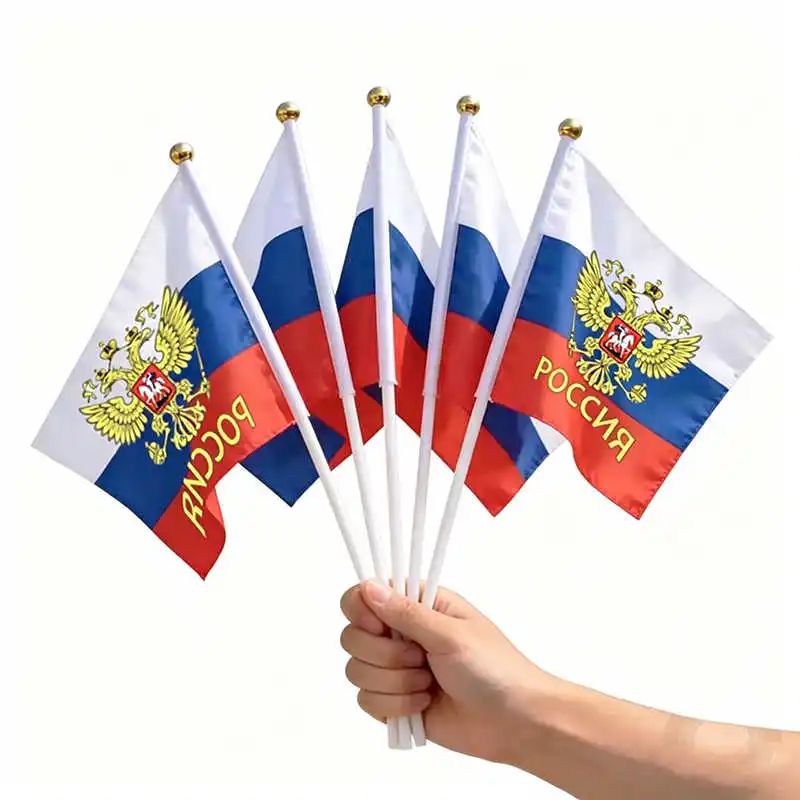 

Handheld Russia Flag 14x21cm Polyester Printed Banner with 30cm Plastic Flagpole for Celebration Parade Sports