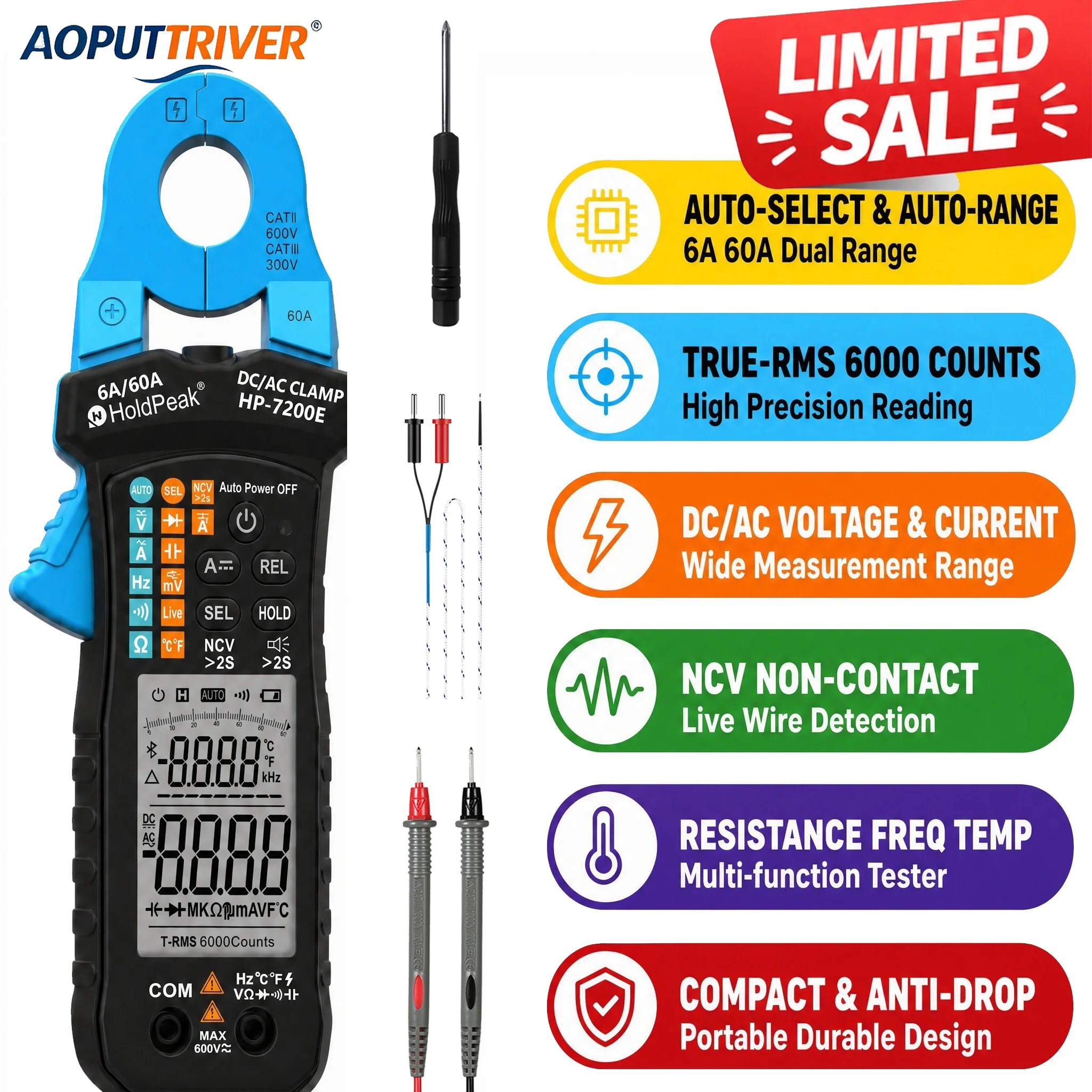7200E True RMS Digital Clamp Meter 600A AC DC Auto Range Multimeter NCV Live Wire Voltage Current Temp Capacitance Tester