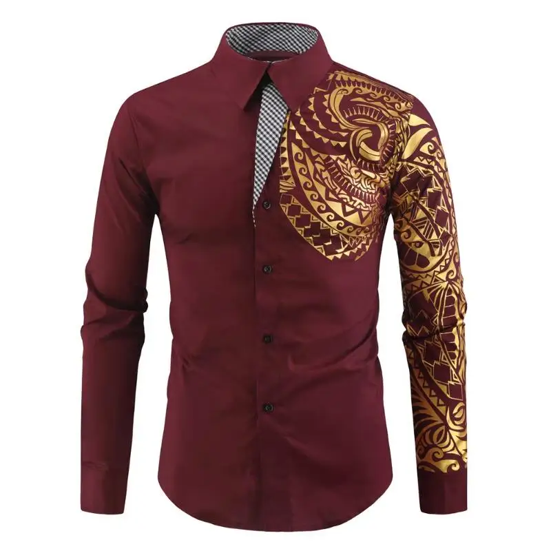 Black Long-sleeved Shirt, Men\'s Gold Printed Shirts, Fashion Casual Tops Red White Blue Camisa Men Chemise S M L XL XXL XXXL