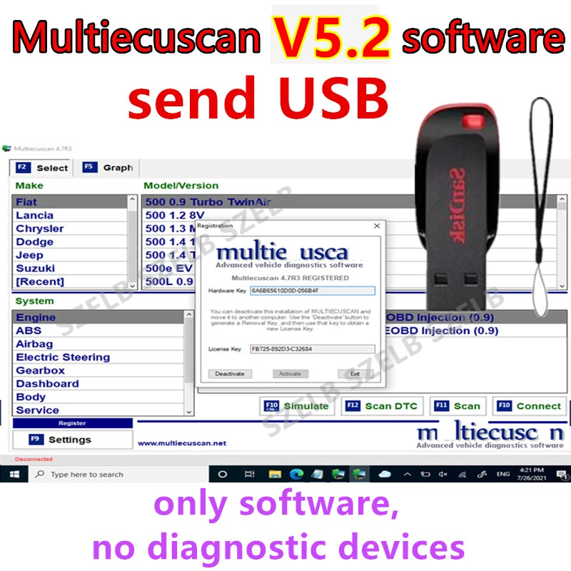 Neuester Multiecuscan V5.2 für Fiat, Chrysler, Dodge, Jeep, Suzuki Scanner-Software Kompatibel mit ELM327 Flachadapter + Unbegrenzte Installation