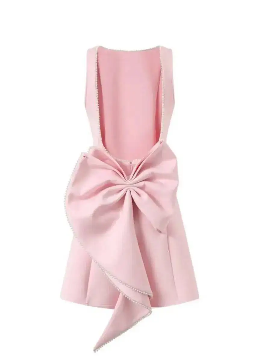 Elegante Perle Schleife rückenfrei sexy Minikleid Damen Luxus Party kurze Kleider weiß schwarz rosa Geburtstag Abend Hochzeit P4ZQ