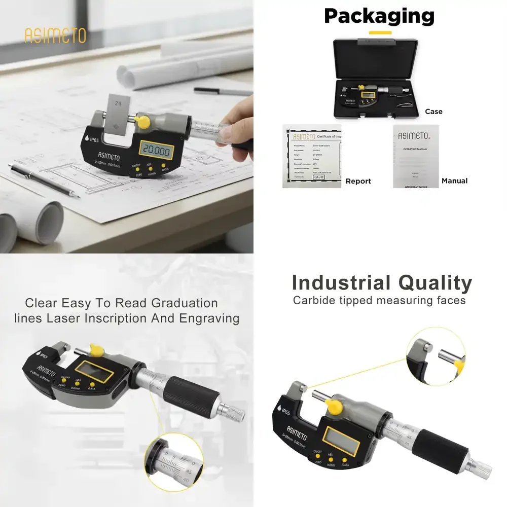 Asimeto IP65 Digital Outside Micrometer with 0.00005 Inch 0.001 mm Resolution and Double Ratchet Stop