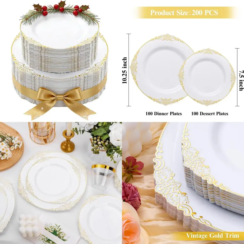 

100 Pack White & Gold Plastic Dinner & Dessert Plates Set for 200 Guests - Ideal for Parties, Weddings & Graduations