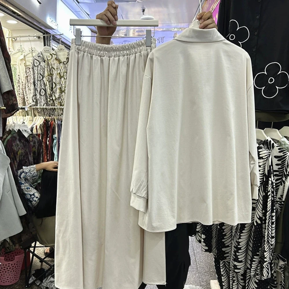 Camisa holgada de manga larga bordada de diseño europeo + falda con cintura elástica conjunto de dos piezas-GZTZ011