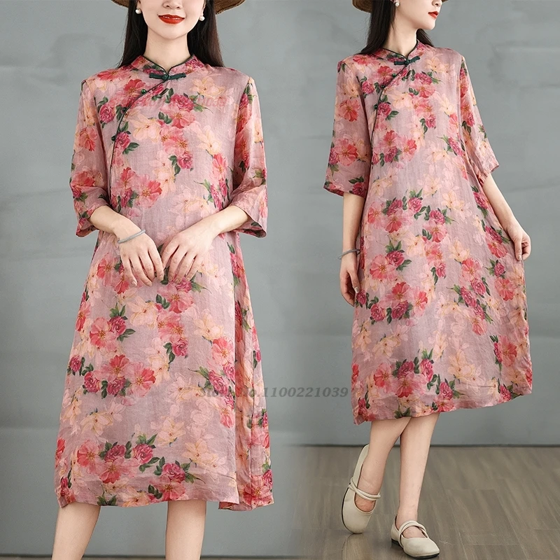 

2024 chinese vintage dress national flower print a-line dress cheongsam improved qipao dress traditional folk dress streetwear