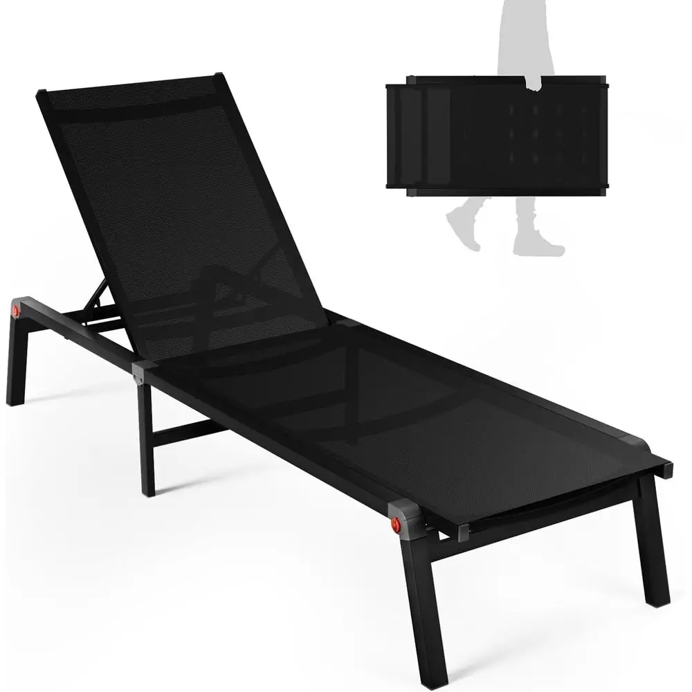 

Adjustable 5-Position Metal Patio Lounge Chair for Outdoor Sun Tanning, Poolside, or Beach (Black)