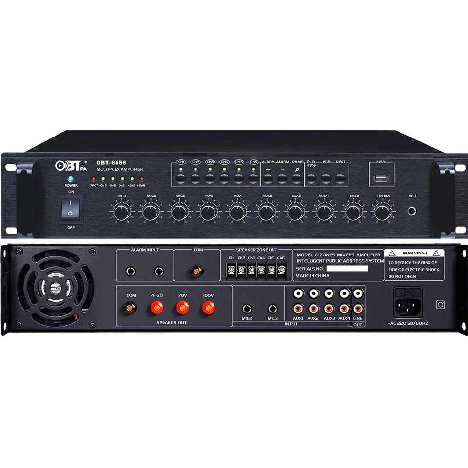 OBT-6556 550W Multiroom Audio and USB MP3 Player System 6 Channel 100V Amplifier with Fire Alarm