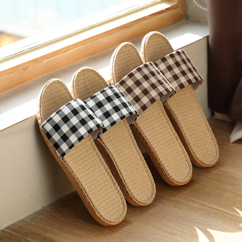 Mntrerm New Linen Slippers For Summer Men\'s Non Slip Spring And Autumn Home Floor  Shoe Home Floor Plaid Slippers