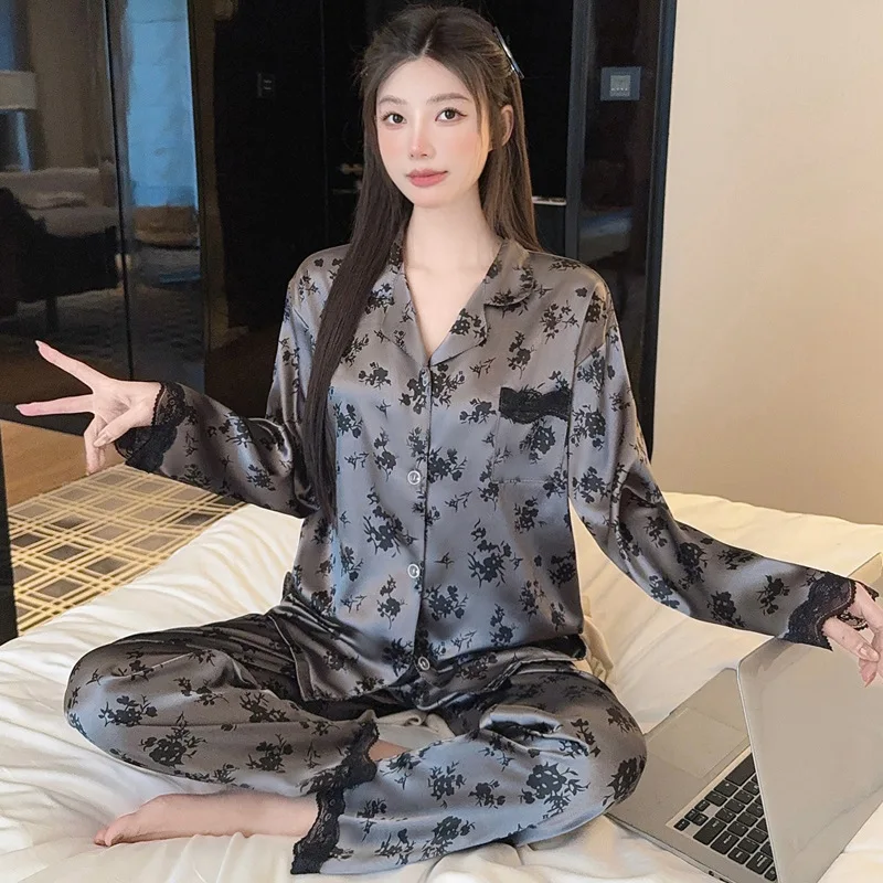 Premium Silk-Feel Retro-Style Women's Nightwear Set Lightweight Spring/Summer Long-Sleeve Top & Pants Lace Trim Homewear Set