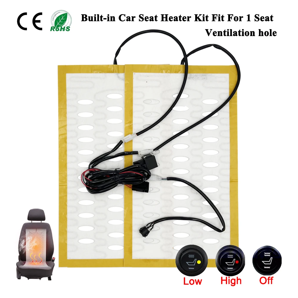 Universal Built-in Car Seat Heater Kit Fit 1 Seat 12V Alloy Wire Fast Heating Pads HI/LO 2-Level Round Switch Control System