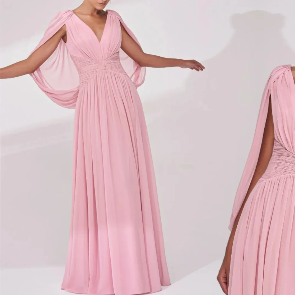 

Fashion Long Pink V Neck Chiffon Evening Dresses Full Sleeves A Line Pleated Floor Length Vestidos De Gala 2024