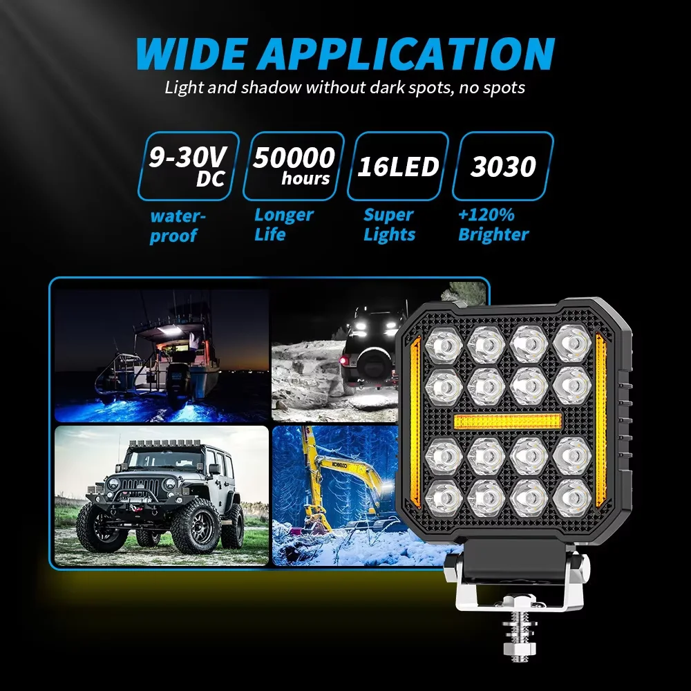 4Inch 16LEDs Work LED Headlight Light Auto Fog Light 48W LED Fog Light For Motorcycle Car Trucks UTV 12V 24V Amber Flash
