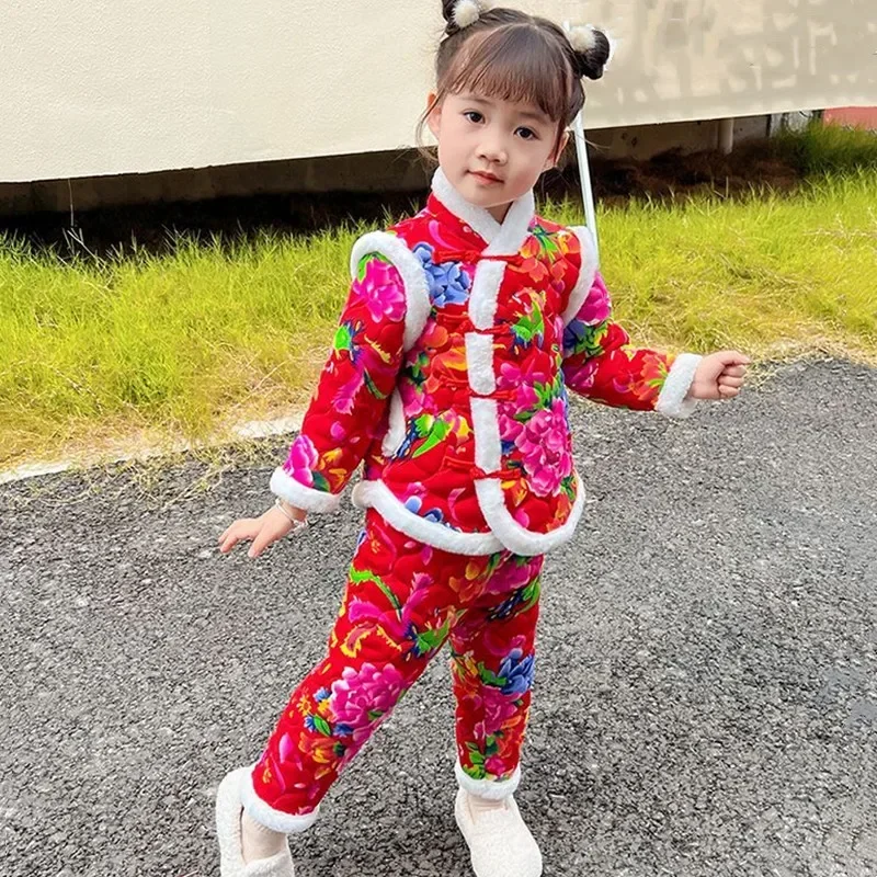 Warm Baby Coat Pants Set Traditional Chinese New Year Clothes for Kids Cute Thicken Girl Suit Costume Children Flower Boy Outfit
